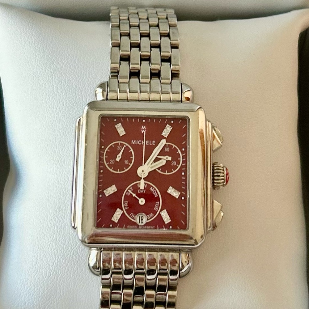 🌲🤶SALE!Michele Deco Red Dial Set with Diamonds Stainless Steel Watch/ Like New!!